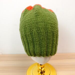 Wool Handmade Knit Beanie Green Orange Colorblock White Winter Ski Artisan NEW